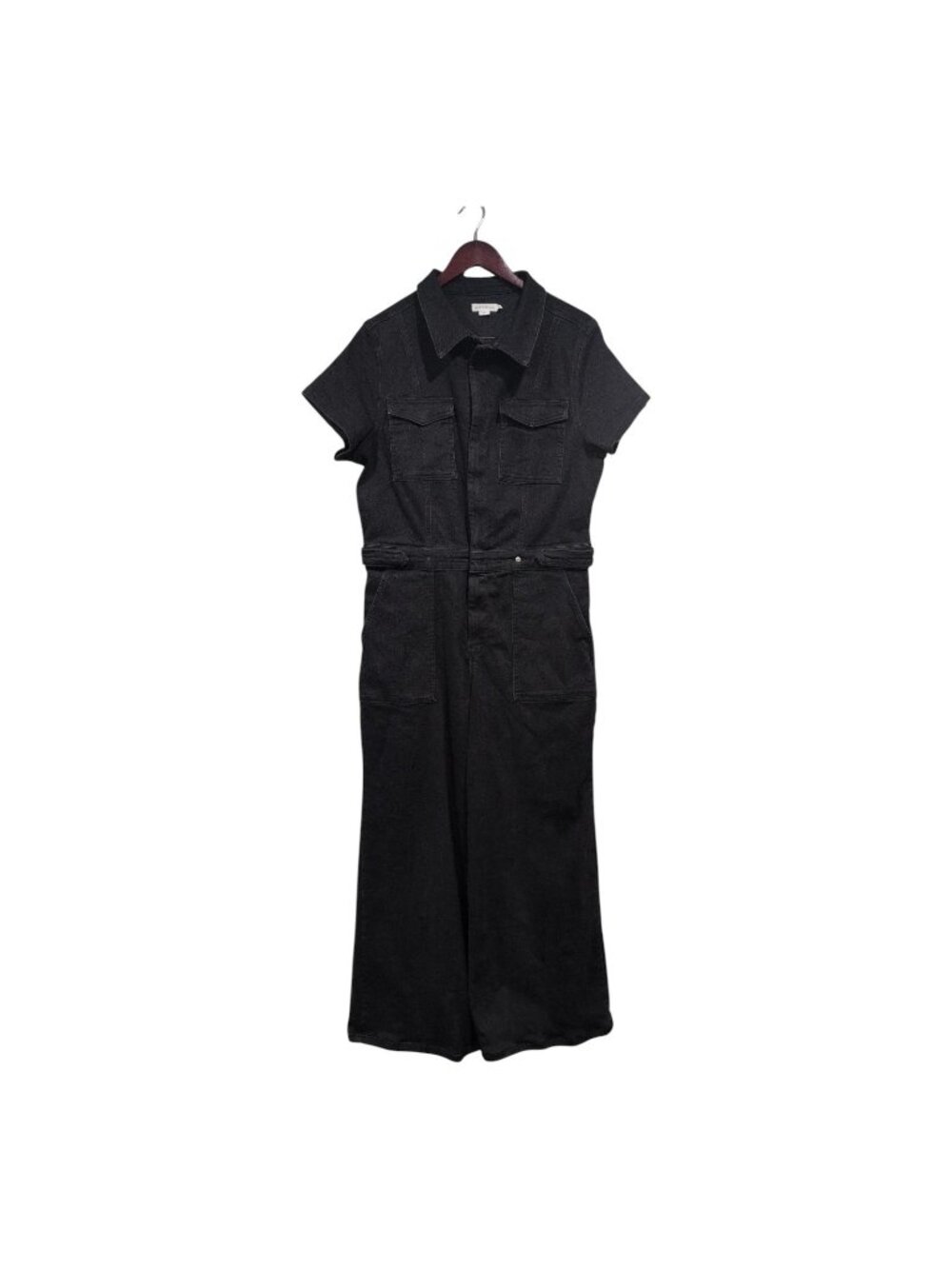 Good American Women's Jumpsuit Size XL Black Denim Zip Pockets Collared Wide Leg